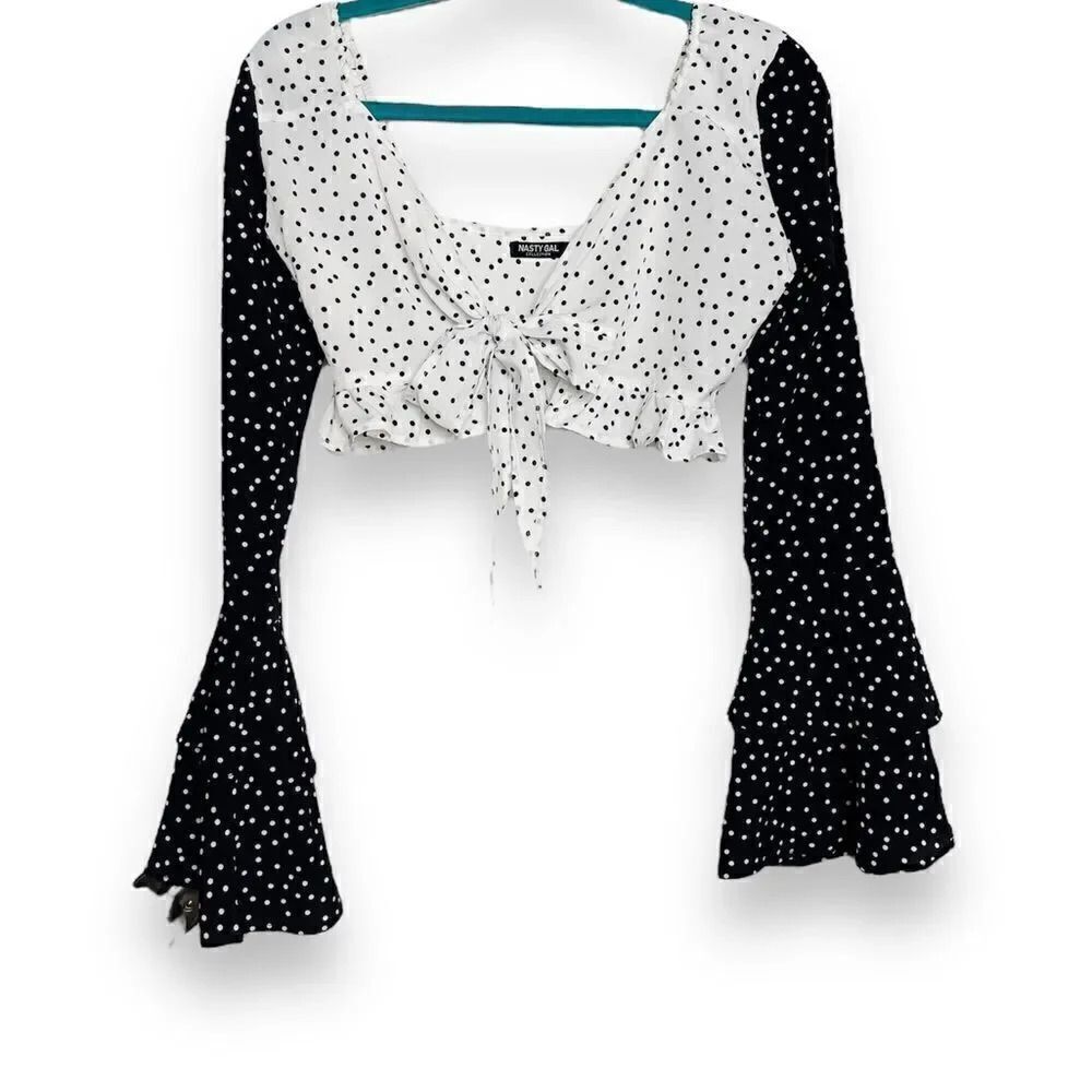 Nasty Gal Front Tie Long Sleeve Polka Dot Crop Top White and Black Size 2 - Picture 6 of 6